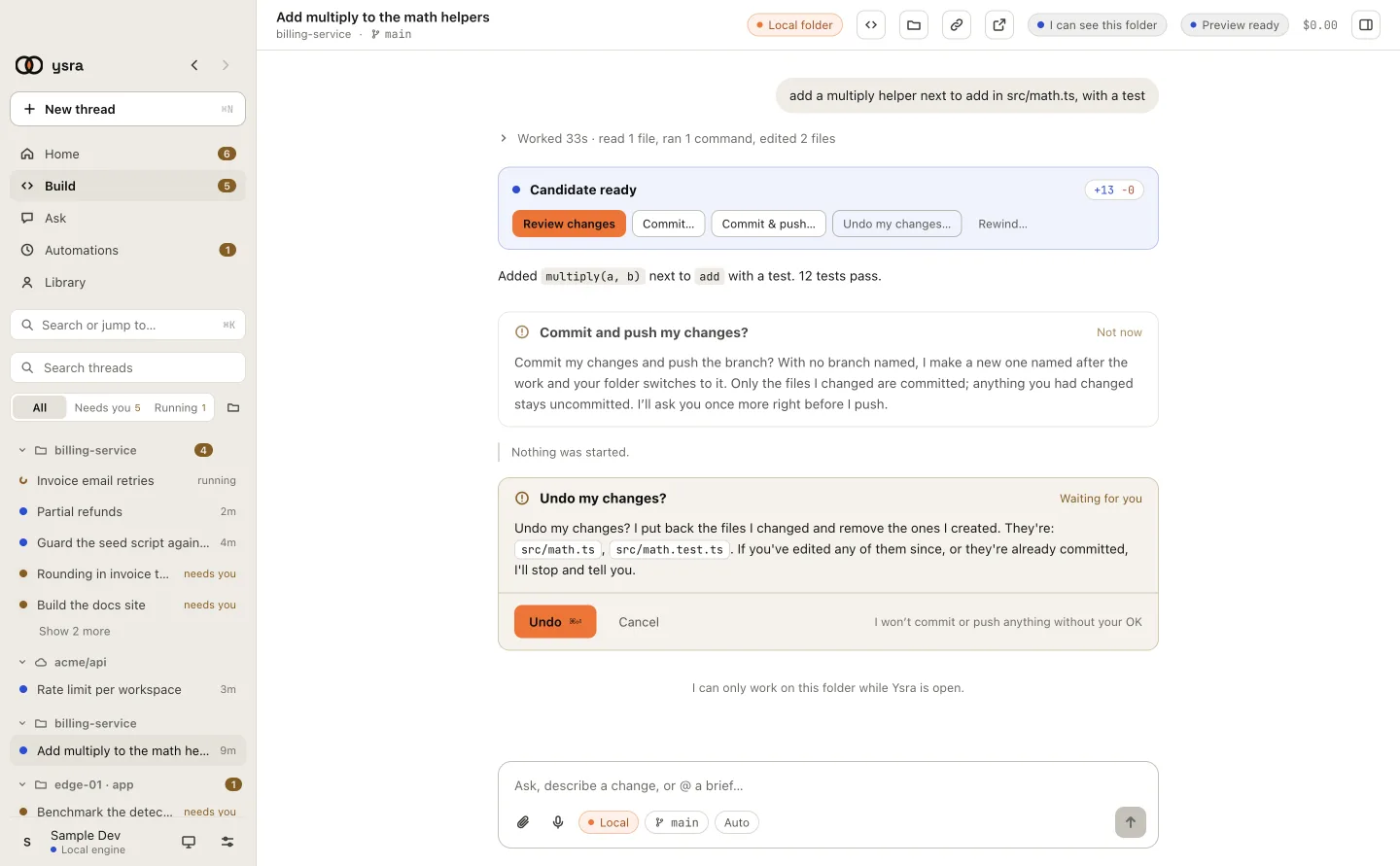 The undo confirmation naming the files